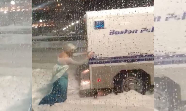Another Nor’easter! Man Dressed As Elsa Pushes Police Wagon Out Of Snowbank